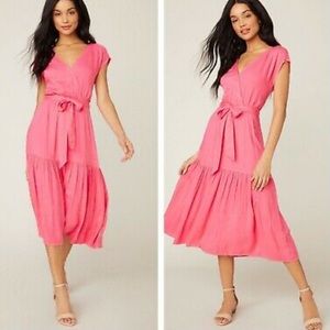 NWT BB DAKOTA Tiered Midi Dress In Poppy Pink Holding On Tie Waist Dress Large